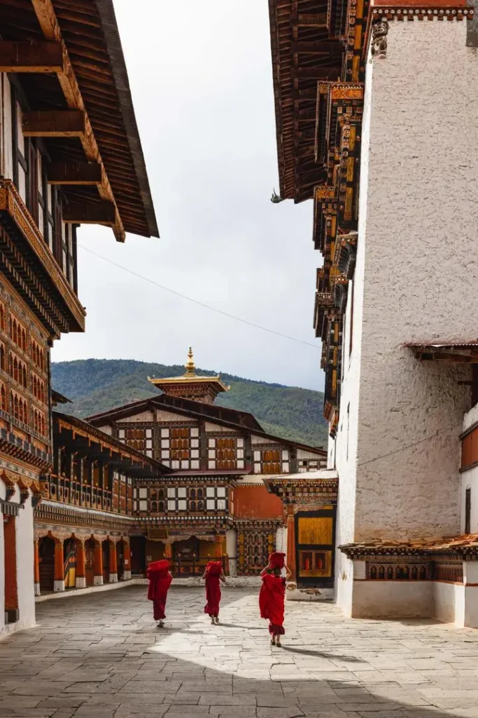 Interior walkways at Paro Dzong while travelling to Bhutan